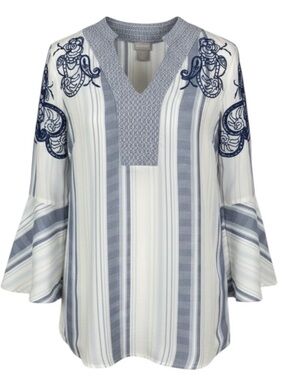 Chico’s Blue & White Striped Boho-Chic Embroidered Bell Sleeve Top Size Small